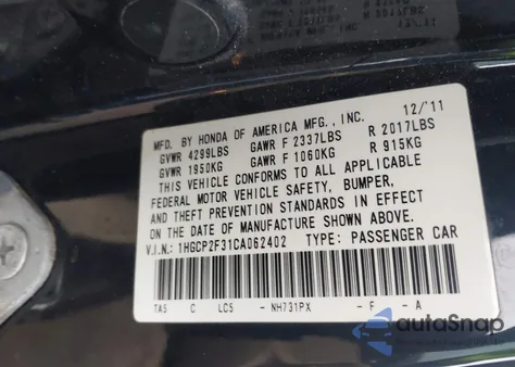 2012 Honda Accord 2.4 Lx z USA, uszkodzony, nr VIN 1HGCP2F31CA062402